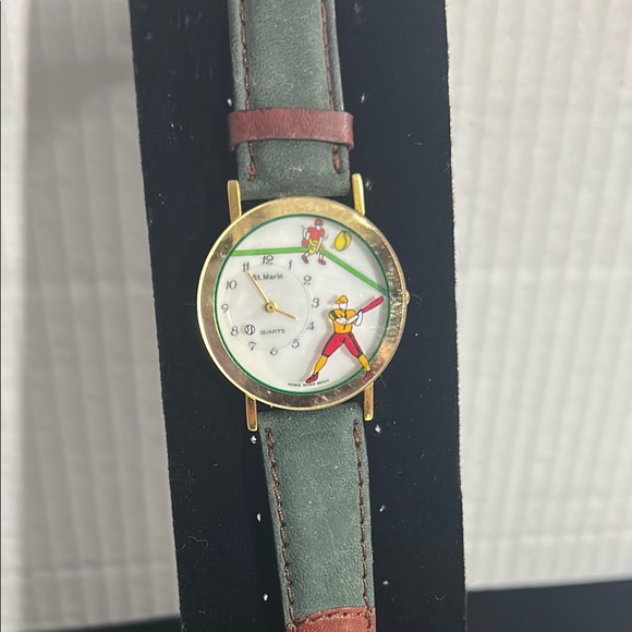 Vintage St Marin Baseball Colorblock Genuine Leather Strap Watch Working